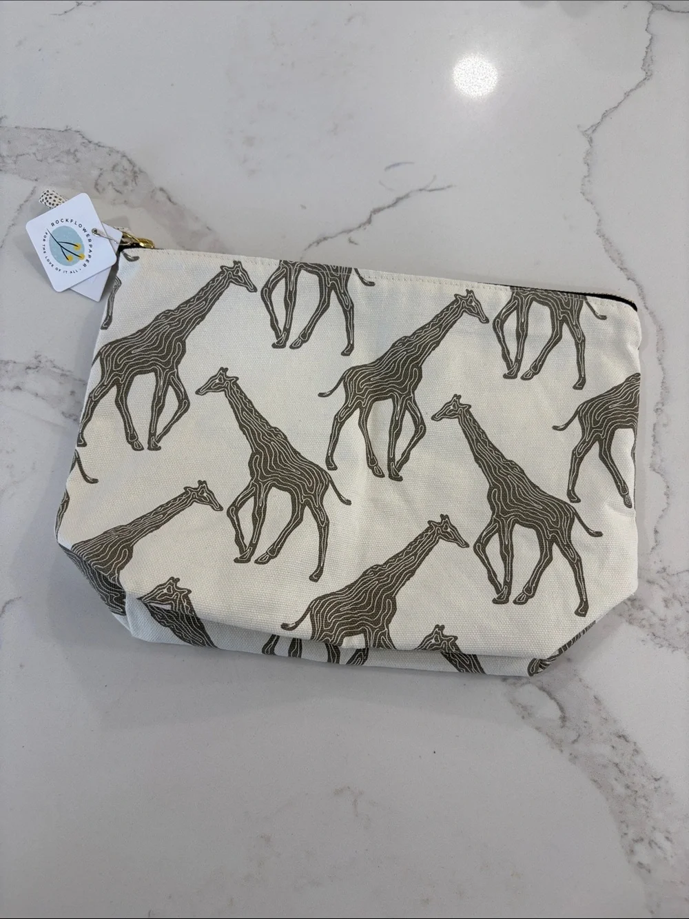 Rock Flower Paper Ivory White Grey Giraffe Print Canvas Large Pouch Cosmetic Bag